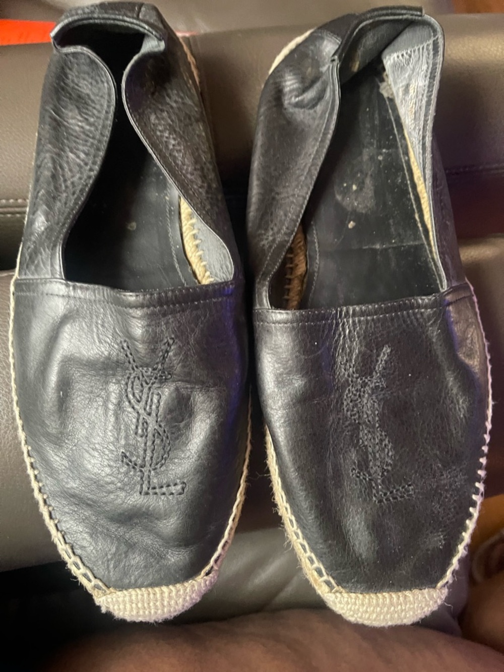 Yves Saint Laurent Black Leather Espadrille Slip-Ons with Stitched Logo - Picture 2 of 3